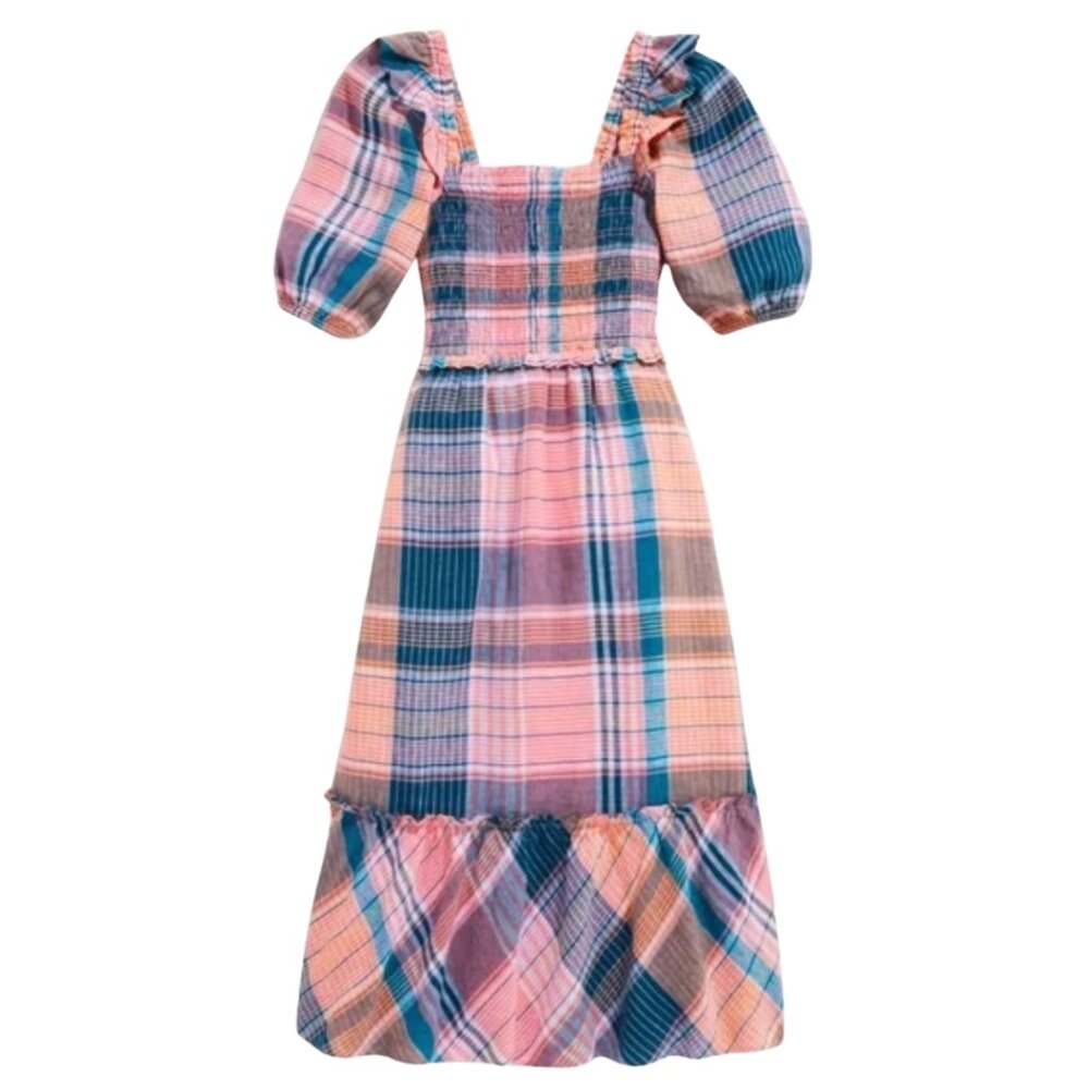 Vineyard Vines Linen Smocked Puff Sleeve Midi Dress S Plaid 2Q011493 NEW